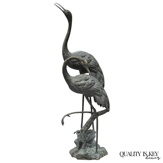 Vintage Chinoiserie "Courting Crane Couple" Green Bronze Verdigris 28" Sculpture