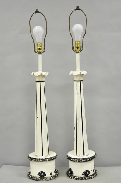 Vintage Hollywood Regency Lotus Leaf Black & White Metal Column Table Lamps Pair