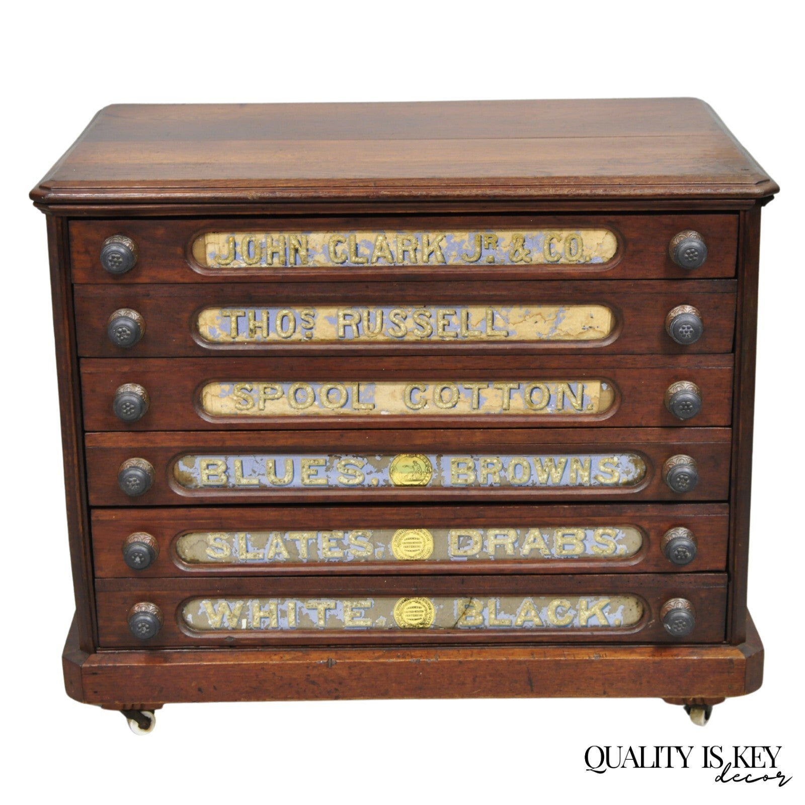 Antique John Clark Walnut 6 Drawer Sewing Spool Cabinet w Reverse Painted Glass