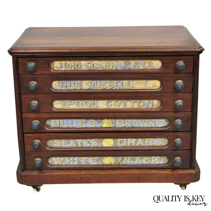 Antique John Clark Walnut 6 Drawer Sewing Spool Cabinet w Reverse Painted Glass