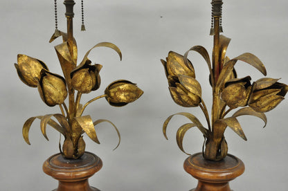 Vintage Italian Hollywood Regency Gold Gilt Iron Flower Bouquet Table Lamps Pair