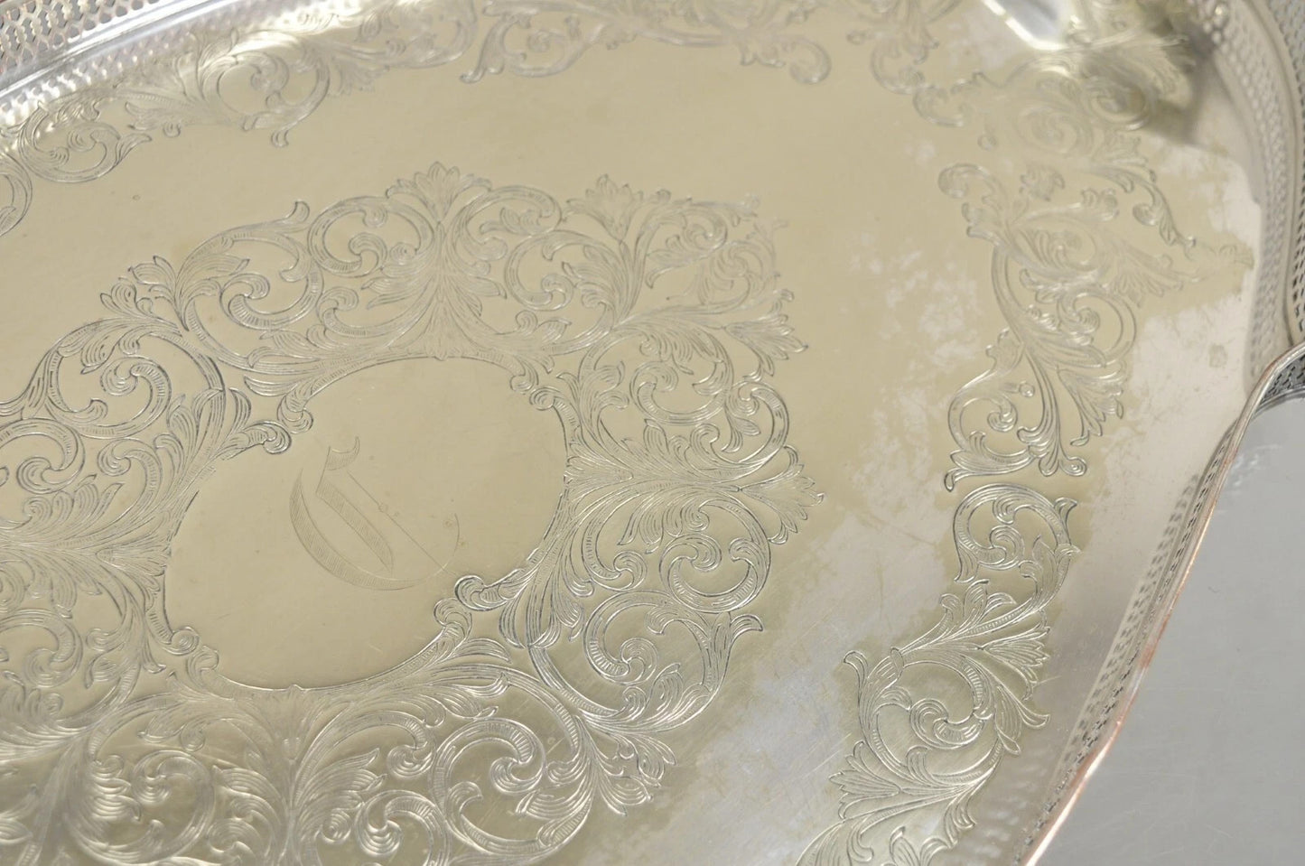 Vintage English LBS Co 982 Silver Plated Scalloped Oval Pierced Gallery Tray