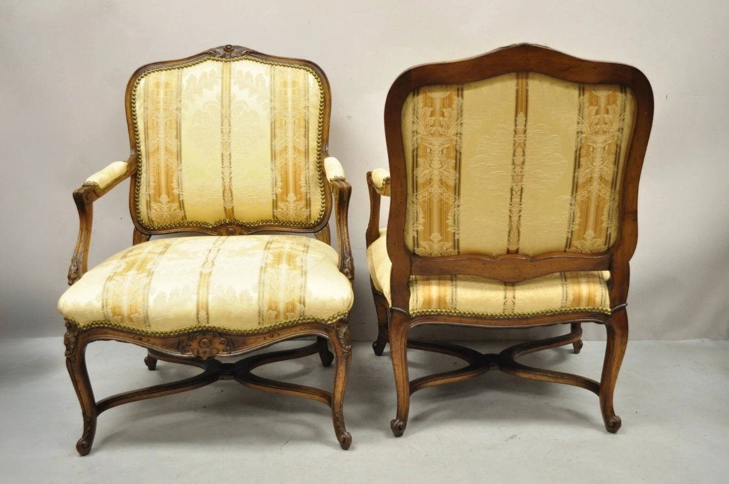 Vintage French Country Louis XV Style Carved Walnut Lounge Arm Chairs - a Pair