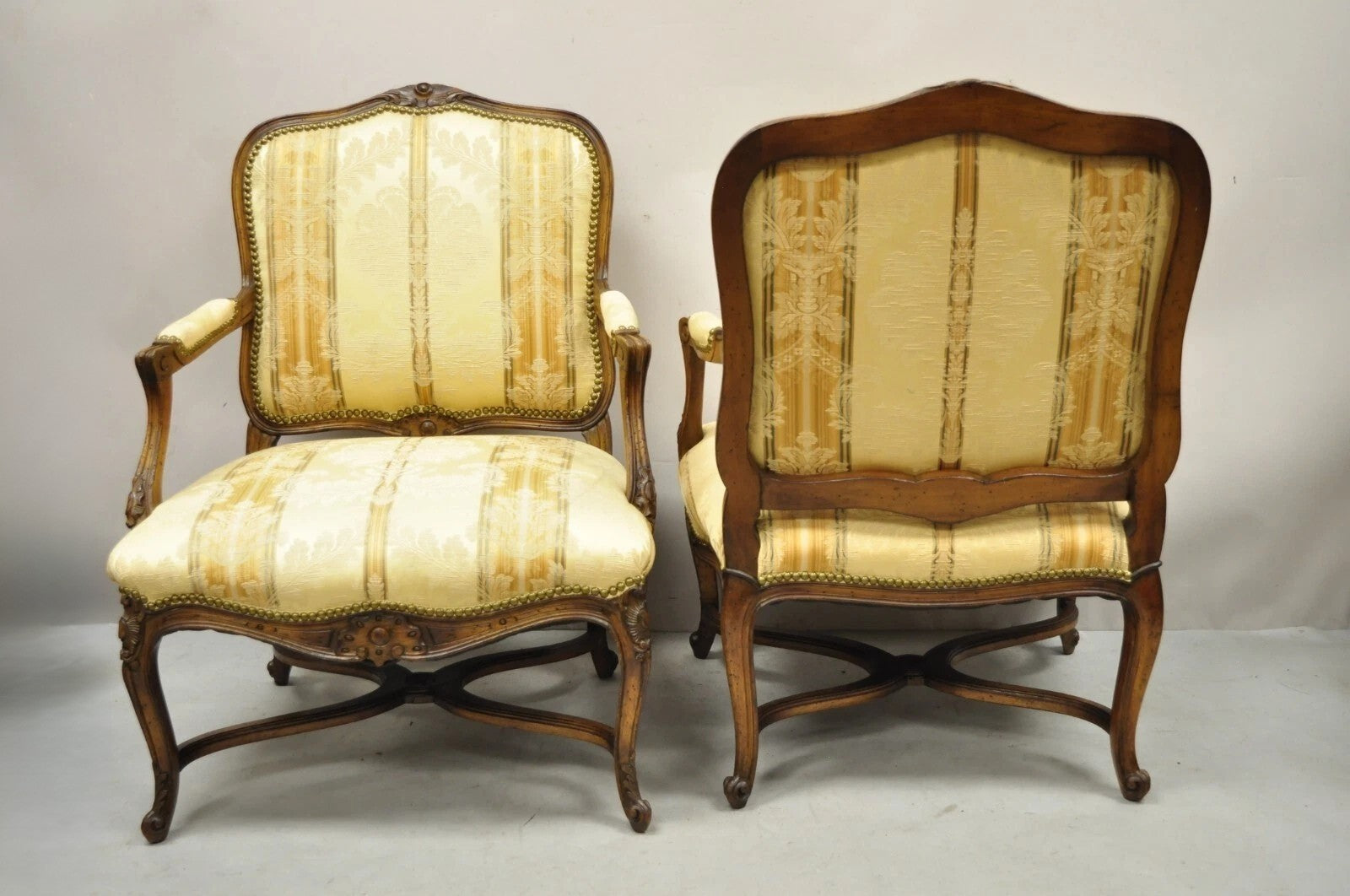 Vintage French Country Louis XV Style Carved Walnut Lounge Arm Chairs - a Pair