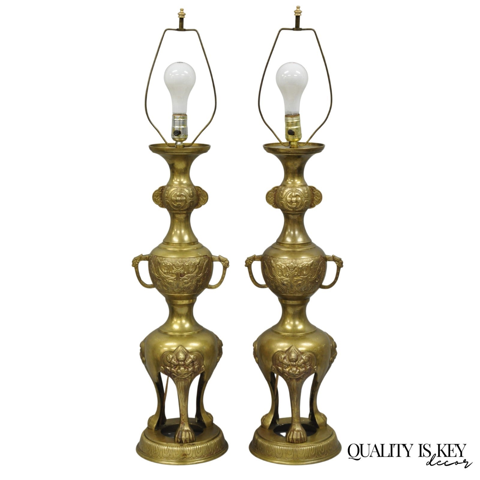 Vintage Chinoiserie James Mont Style Bronze Chinese Foo Dog Table Lamps (B) Pair