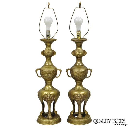 Vintage Chinoiserie James Mont Style Bronze Chinese Foo Dog Table Lamps (B) Pair
