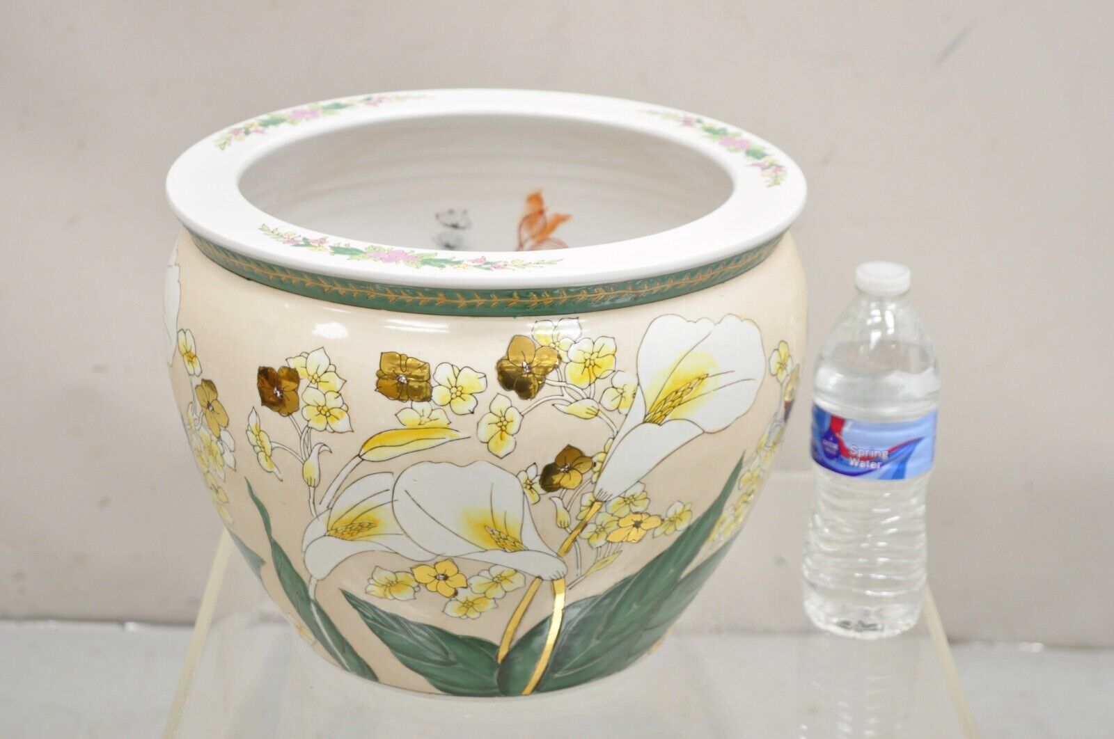 Vintage Chinese Ceramic Jardiniere Cachepot Planter Pot with Fish & Lilies