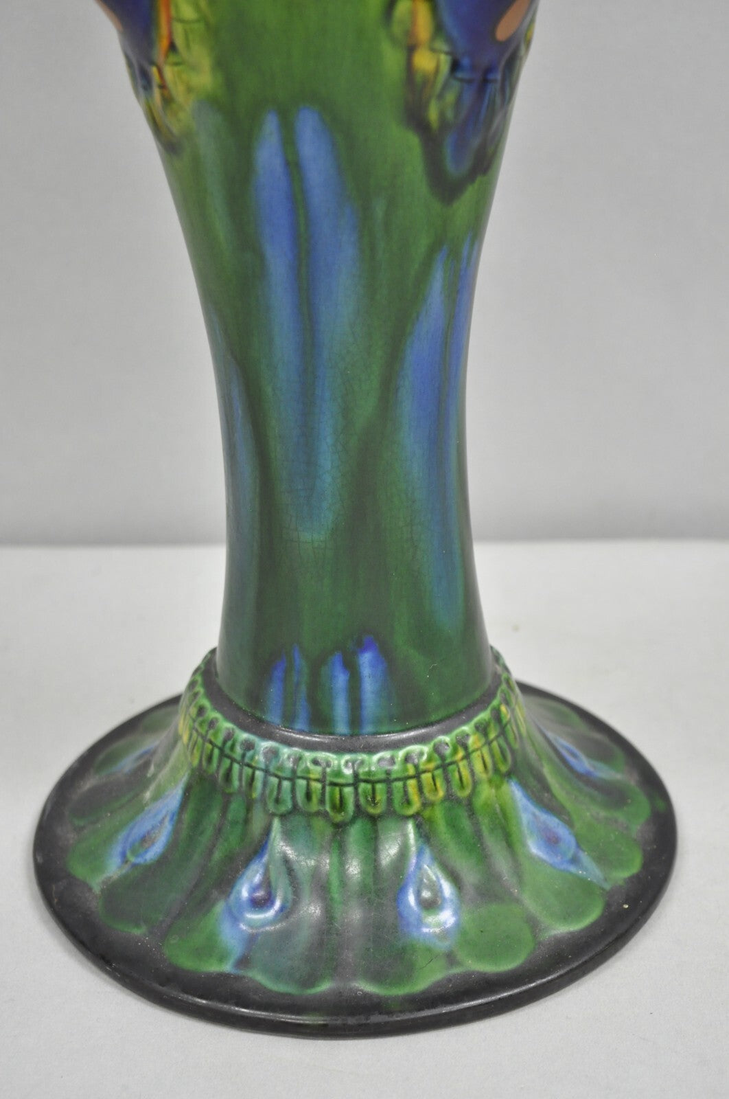 Vintage Art Nouveau Majolica Style Glazed Ceramic Pottery Peacock Bird Vase