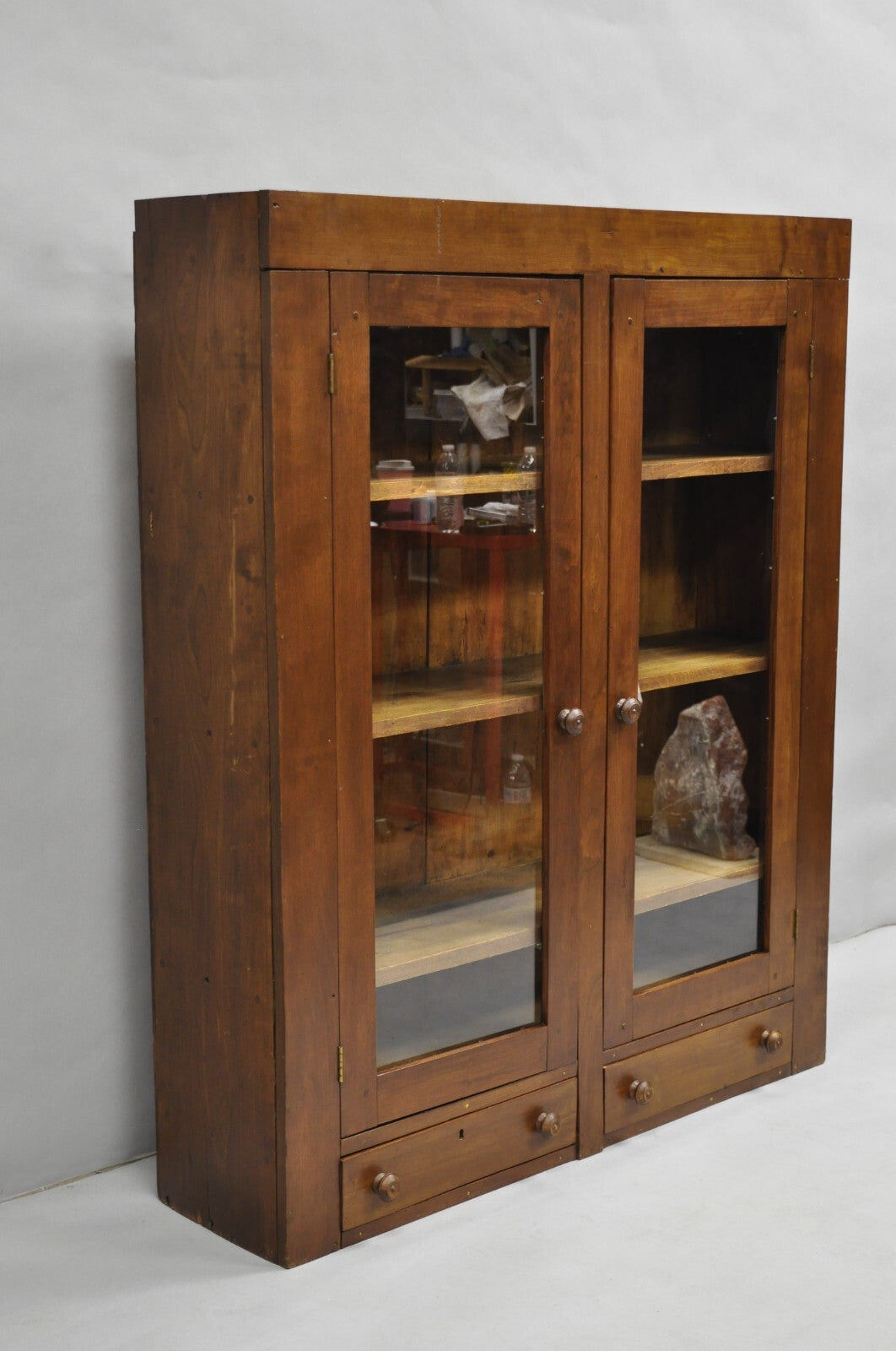 Antique American Primitive Colonial Cherry Wood 2 Door Hutch Cupboard Cabinet