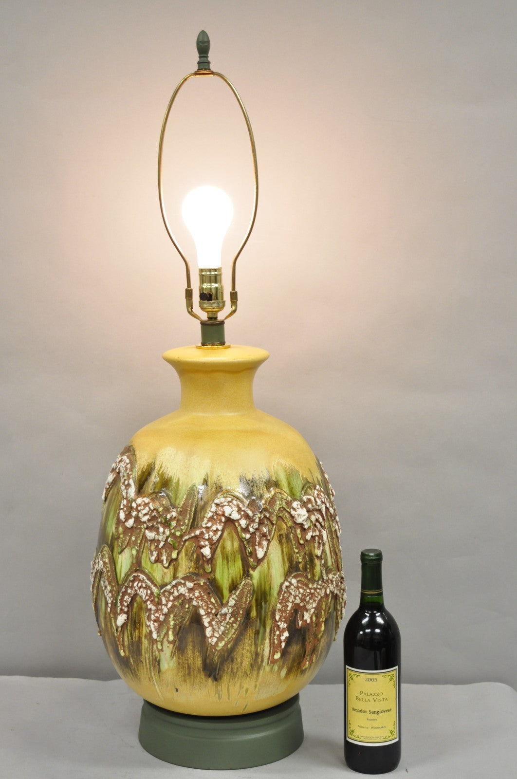 Mid Century Modern Large Volcanic Glazed Pottery Yellow & Green Table Lamp