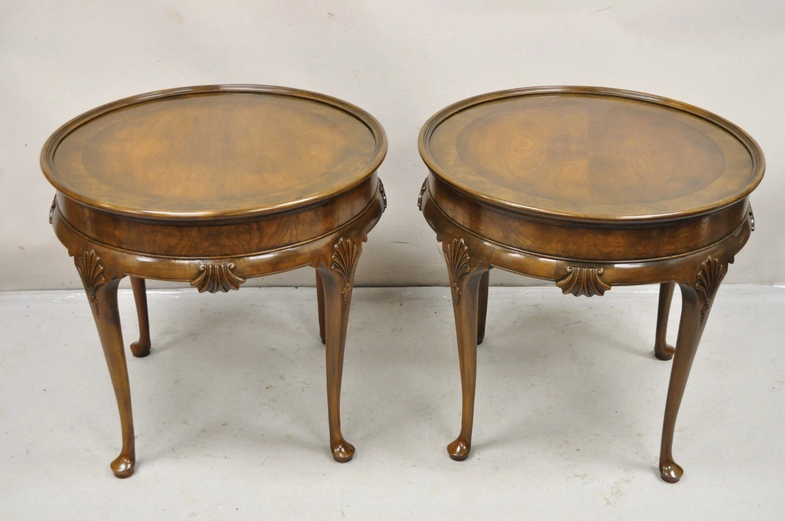 Vintage Baker English Queen Anne Style Burl Walnut Round Lamp End Tables - Pair