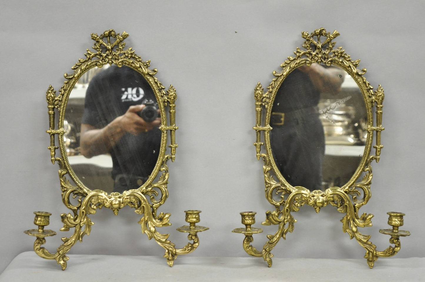Antique French Rococo Louis XV Brass Oval Mirror Candelabra Wall Sconces - Pair