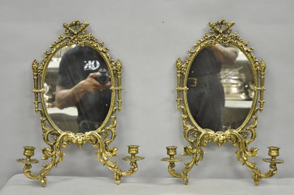Antique French Rococo Louis XV Brass Oval Mirror Candelabra Wall Sconces - Pair