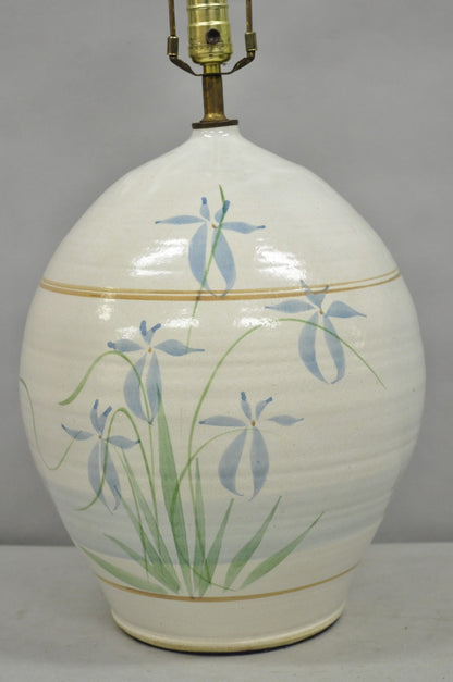 Vintage French Country Large Blue Flower Stoneware Pottery Vase Table Lamp