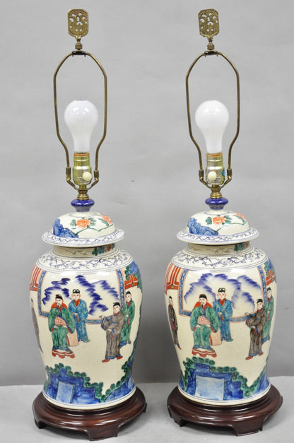 Vintage Chinoiserie Oriental Oatmeal Ginger Jar Ceramic Table Lamps - a Pair