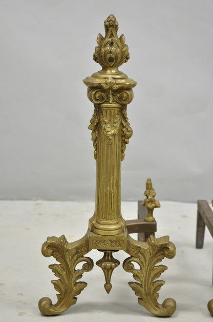 Antique French Empire Style Bronze Corinthian Column Fireplace Andirons - a Pair