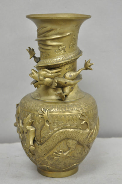 Vintage Japanese Dragon Relief Bronze Chinese 10" Oriental Flower Vase - a Pair