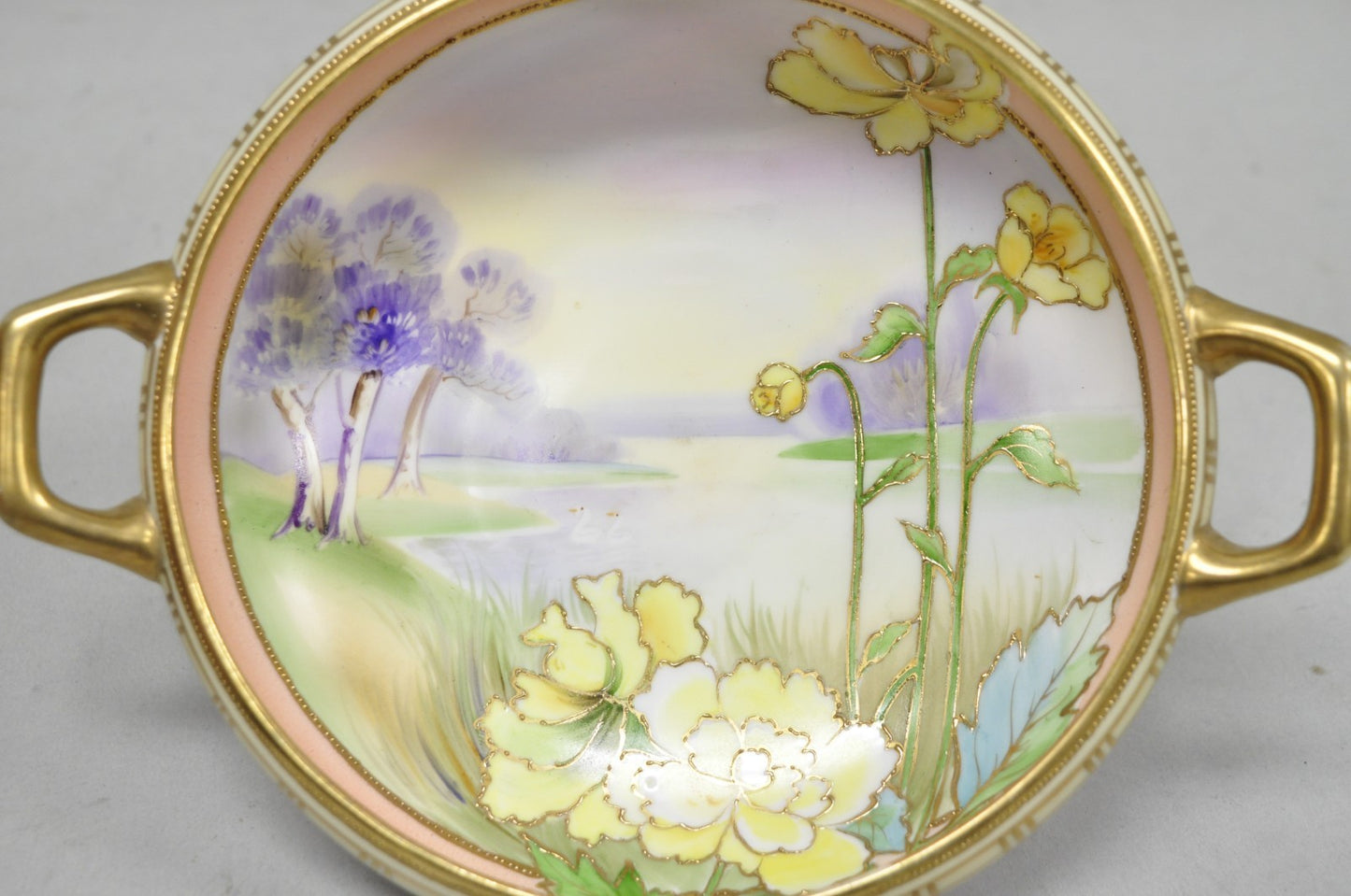 Antique Nippon Morimora Hand Painted Flowers & Ducks Coral Porcelain Bowl (B)