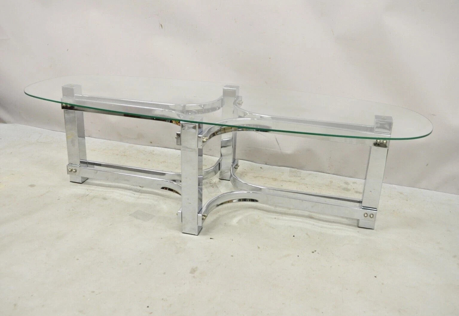 Vintage Mid Century Modern Oval Glass Top Sculptural Chrome Frame Coffee Table