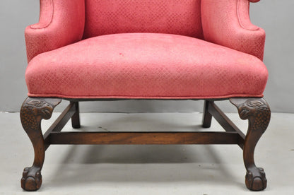 Antique Georgian Style Carved Mahogany High Wingback Lounge Chair w / Eagle Legs