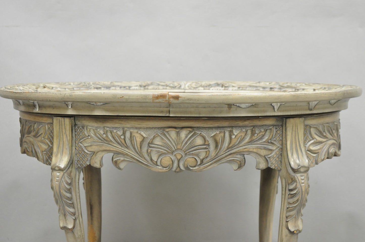 Vintage French Renaissance Walnut Gray Distress Painted Cherub Coffee Table