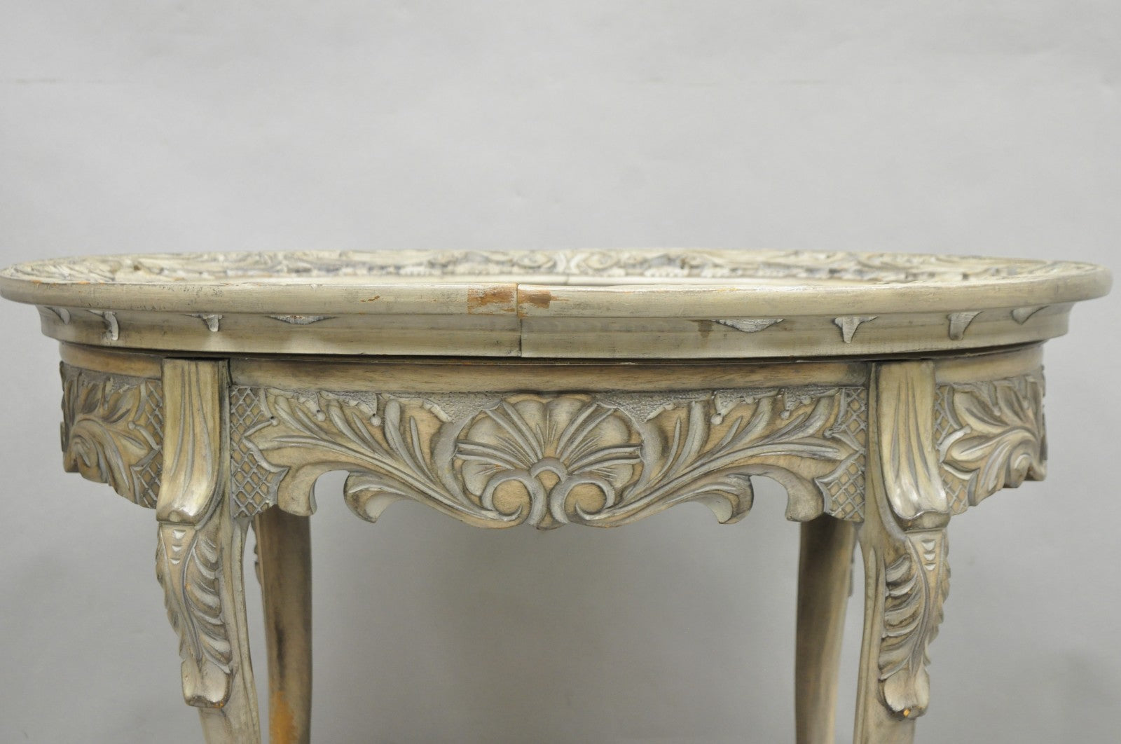 Vintage French Renaissance Walnut Gray Distress Painted Cherub Coffee Table