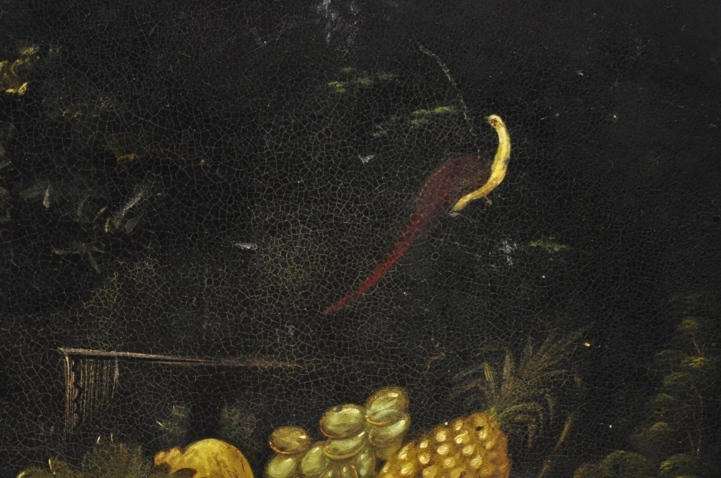 Antique French Papier Mache Tole Hand Painted Fruit Still Life and Bird Tray