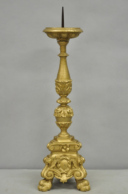 Antique 19th C Italian Neoclassical Carved Gold Giltwood Pricket Candlestick