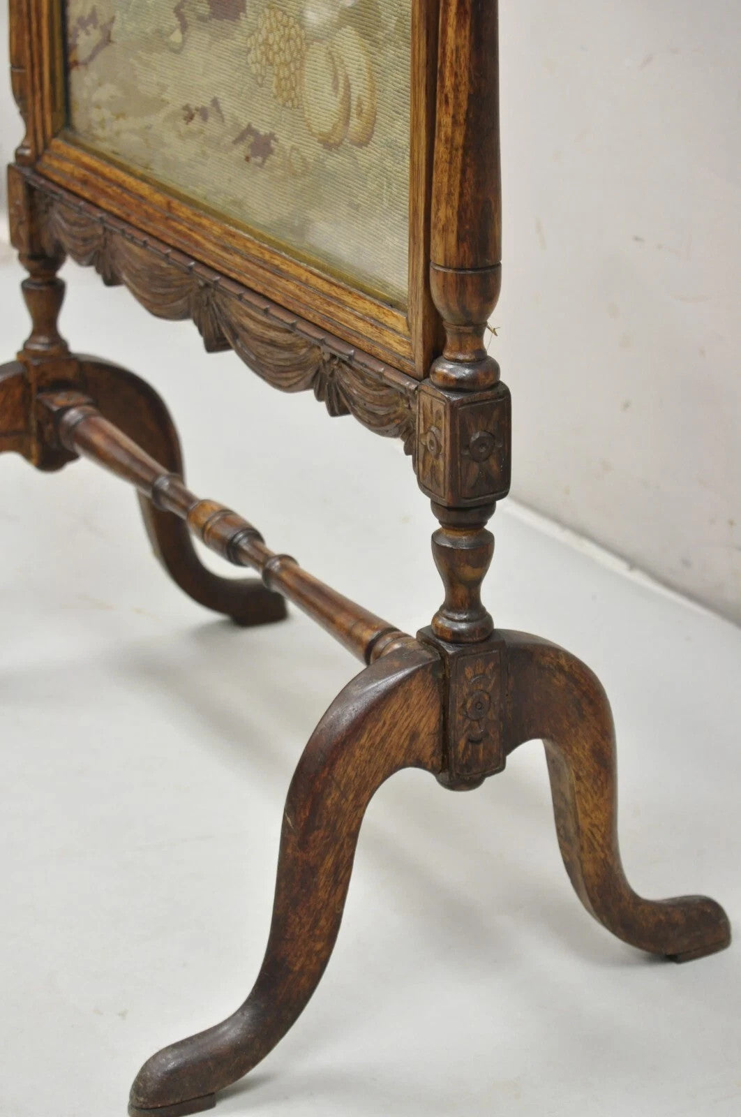 Antique French Victorian Carved Walnut and Needlepoint Fireplace Screen