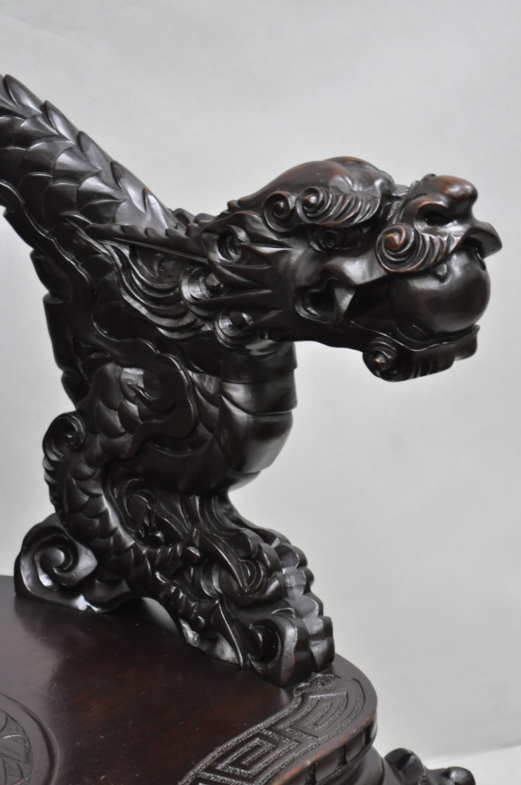 Antique Japanese Dragon Carved Wood Export Oriental Palace Lounge Arm Chair