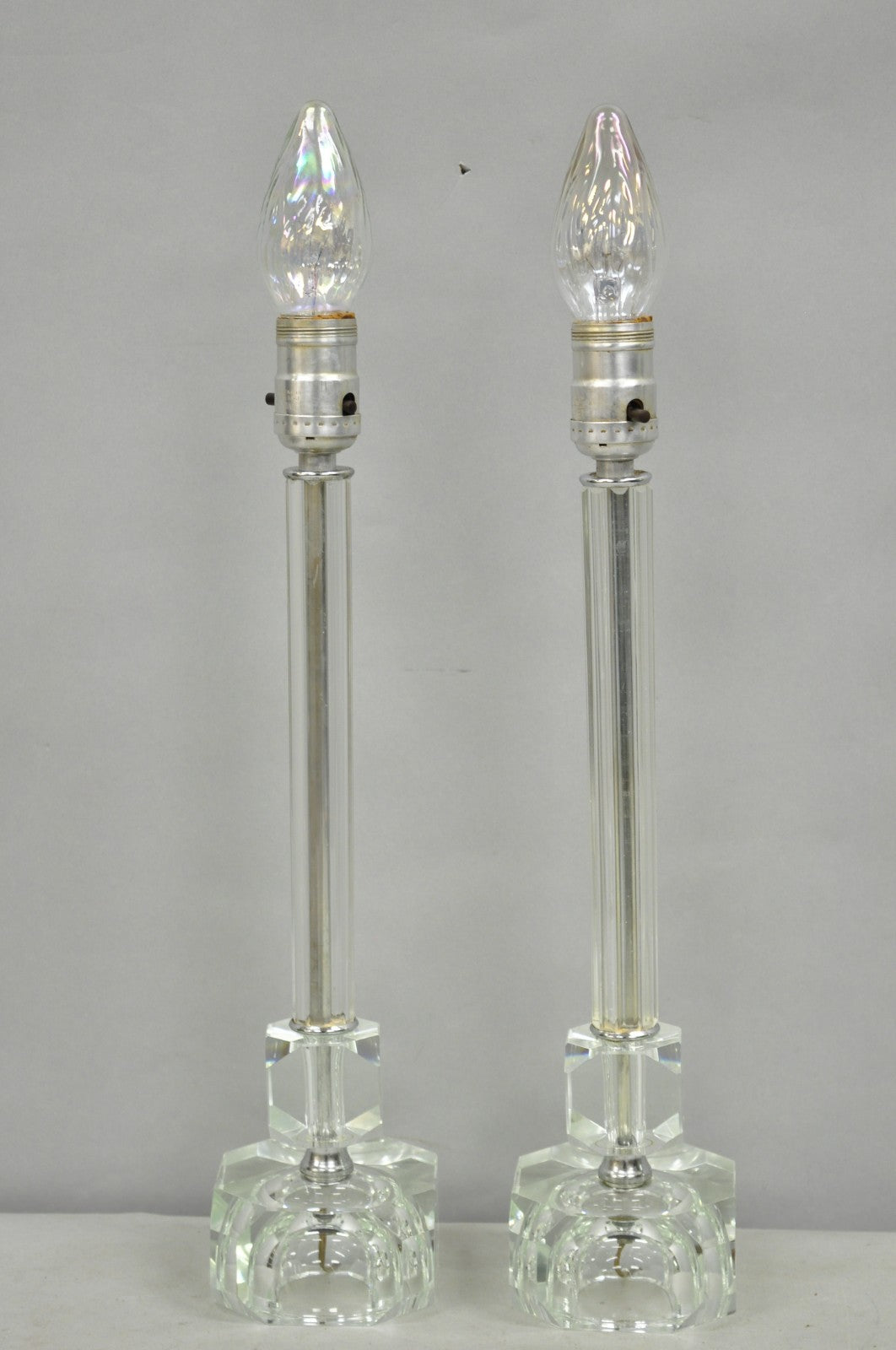 Vintage Art Deco Glass Column Candlestick Small Boudoir Vanity Bedroom Lamp Pair