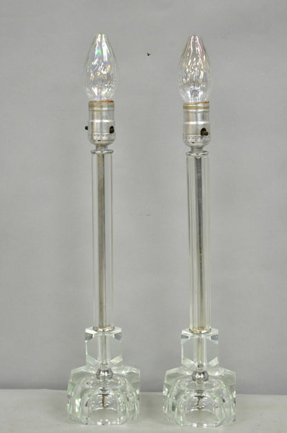 Vintage Art Deco Glass Column Candlestick Small Boudoir Vanity Bedroom Lamp Pair