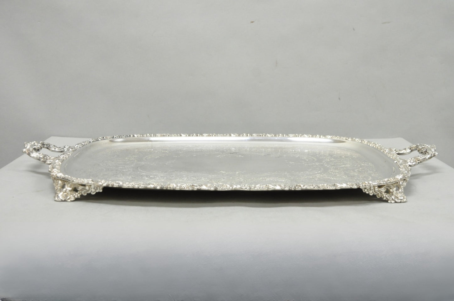 Antique E.G. Webster & Son Victorian Silver Plated Floral Repousse Serving Tray