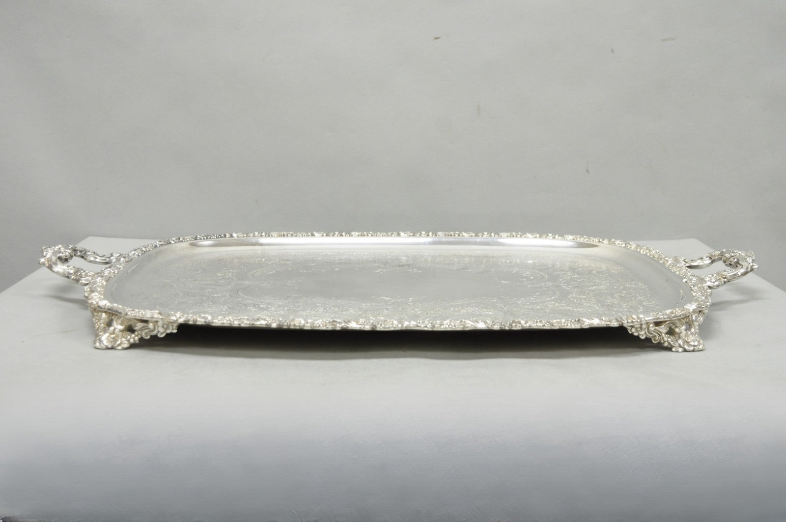 Antique E.G. Webster & Son Victorian Silver Plated Floral Repousse Serving Tray