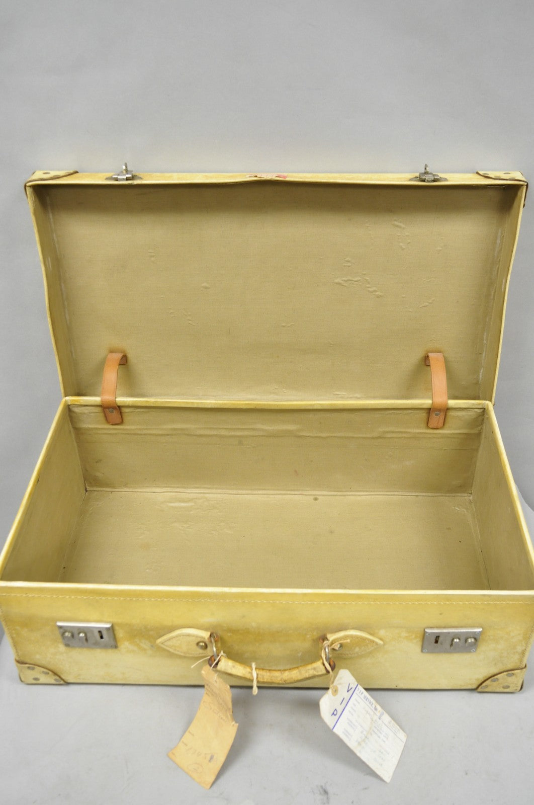 Antique 1930s French Vellum Parchment Large 30" Cream Hard Case Suitcase Luggage
