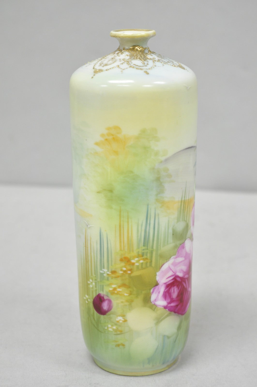 Antique Nippon Hand Painted Pink Rose & Lake Scene Small Porcelain Cylinder Vase