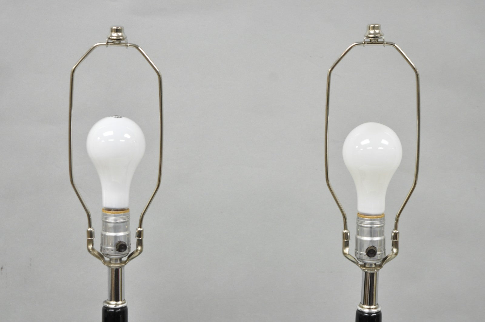 Vintage Mid Century Modern Black Glazed Ceramic & Chrome Table Lamps - a Pair