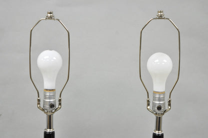 Vintage Mid Century Modern Black Glazed Ceramic & Chrome Table Lamps - a Pair