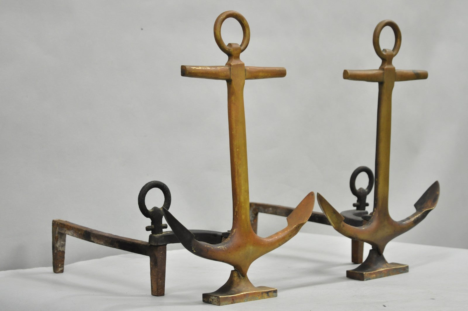 Antique Nautical Figural Ship Anchor Brass Fireplace Andirons w/ Patina - a Pair