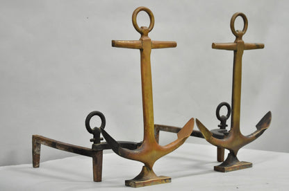 Antique Nautical Figural Ship Anchor Brass Fireplace Andirons w/ Patina - a Pair