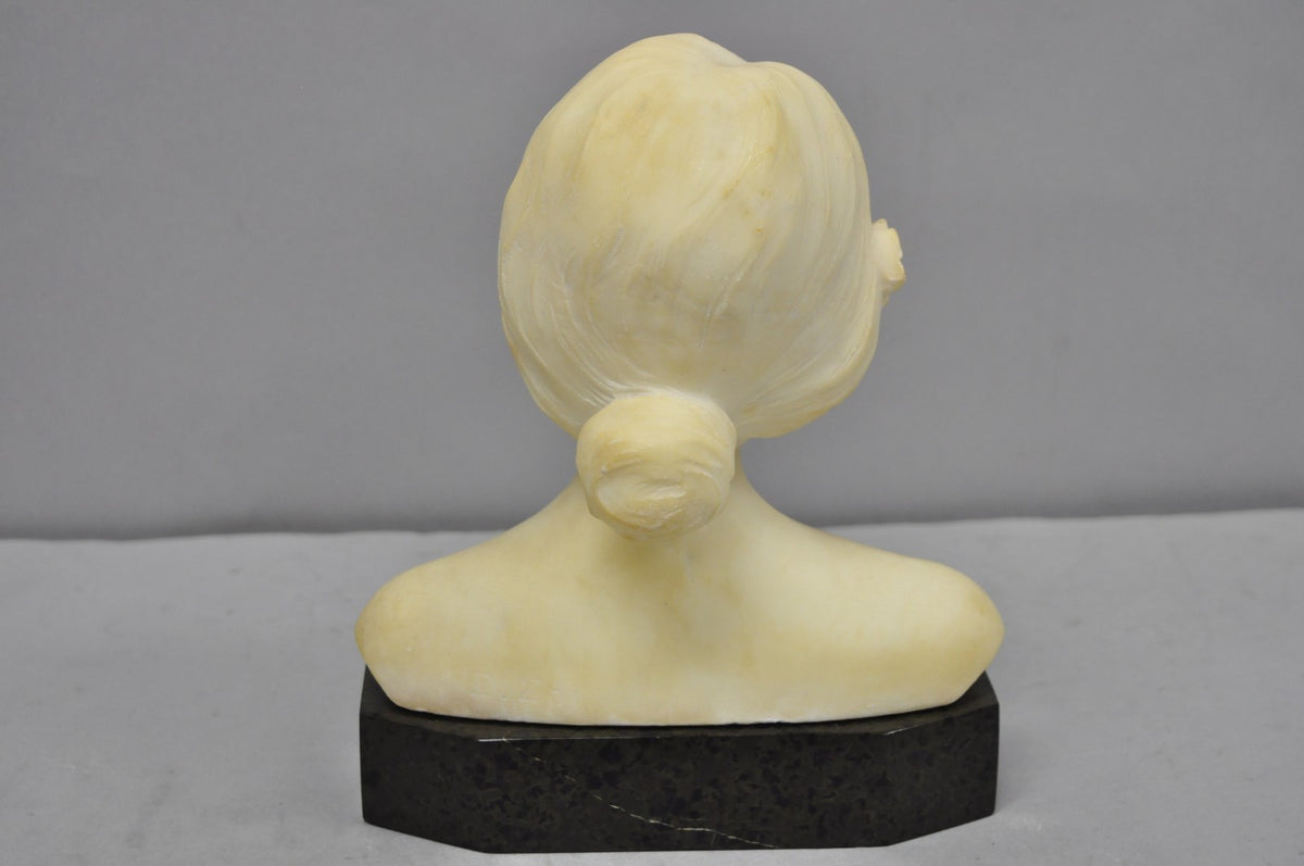 Antique Neoclassical Carved White Marble 9" Bust of Woman's Head on Marble Base