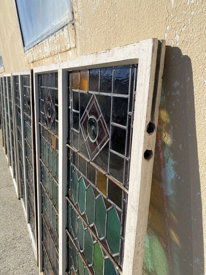 Antique Victorian 70 x 48 Double Stained Glass Window Pink Blue Green Jeweled