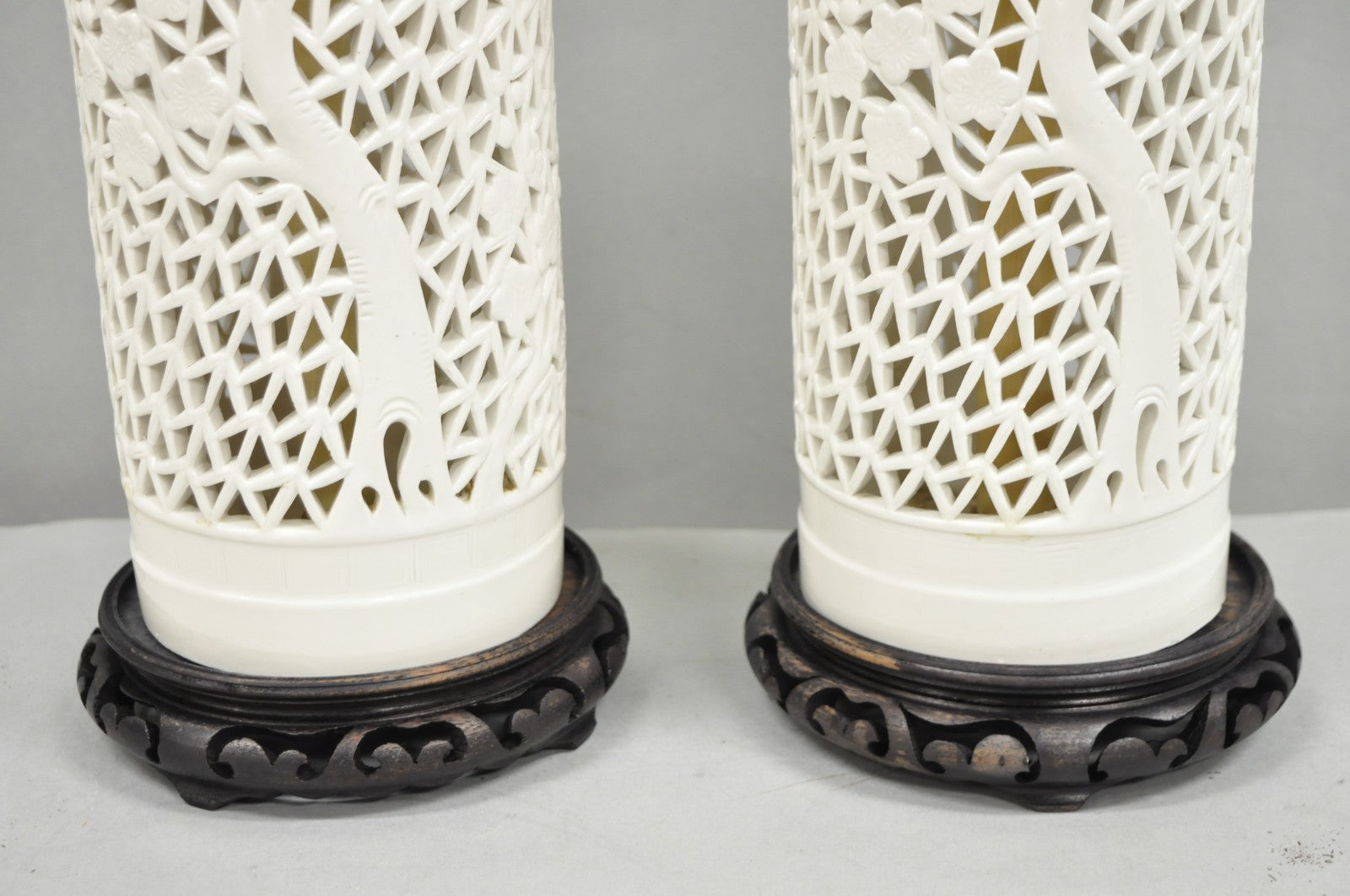 Chinoiserie White Blanc De Chine Porcelain Cherry Blossom Table Lamp - a Pair