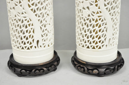 Chinoiserie White Blanc De Chine Porcelain Cherry Blossom Table Lamp - a Pair