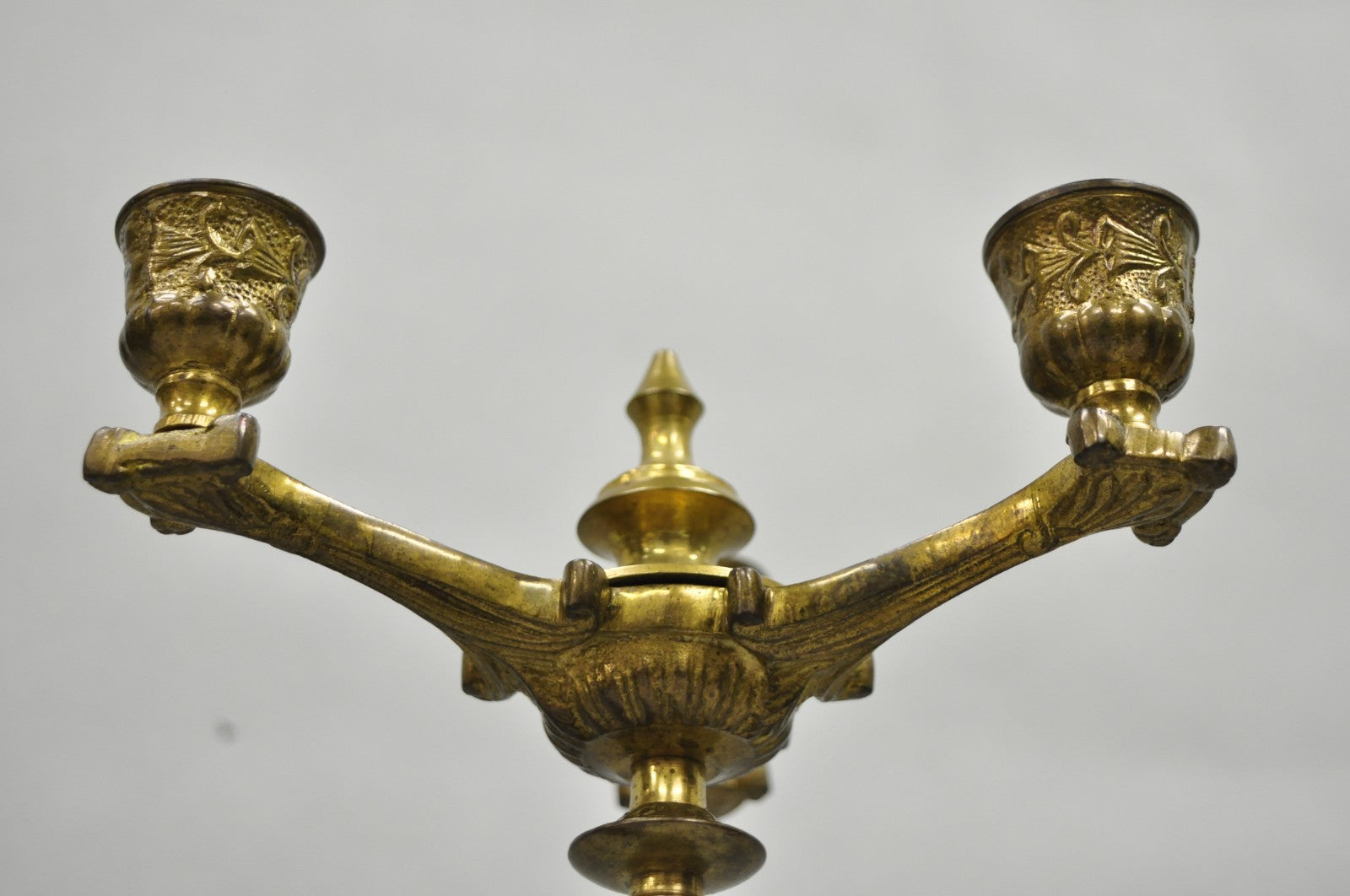 Antique French Renaissance Gothic Figural Brass 16" Candelabra w/ Lions - a Pair
