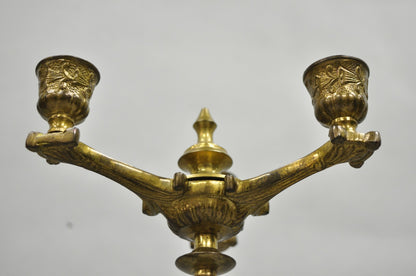Antique French Renaissance Gothic Figural Brass 16" Candelabra w/ Lions - a Pair