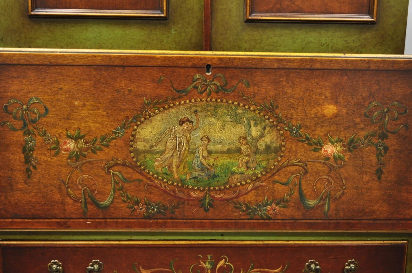 Antique English Adams Style Hand Painted Double Bonnet Bookcase Secretary Desk