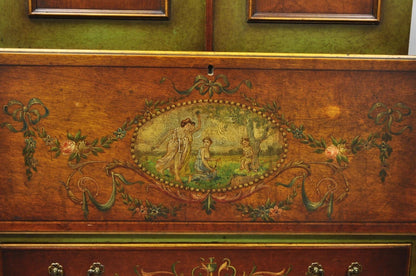 Antique English Adams Style Hand Painted Double Bonnet Bookcase Secretary Desk