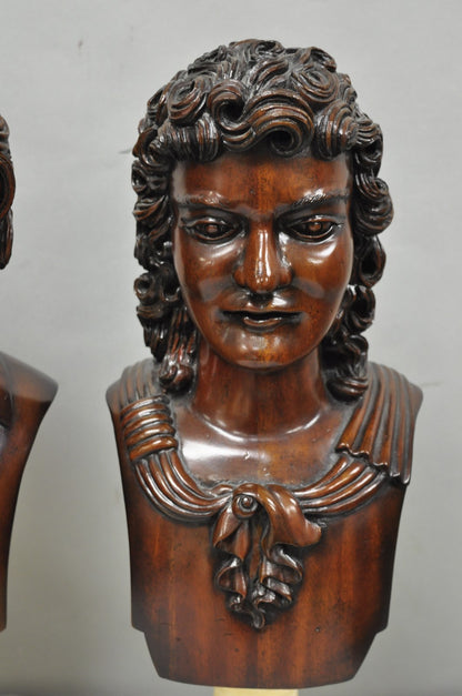 Classical Maitland Smith Style Carved Mahogany Wood Bust on Alabaster - a Pair