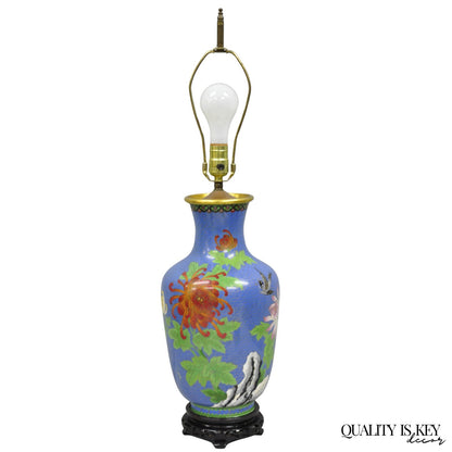 Vintage Chinoiserie Blue Cloisonné Enamel Oriental Brass Satsuma Vase Table Lamp